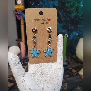 Handmade Gold and Blue Flower Earrings With Stainless Steel Hammered Studs